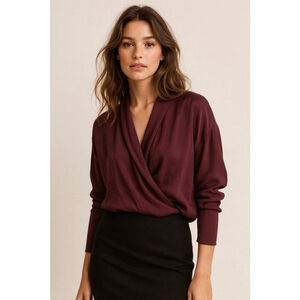 Babaton Silk Wrap Style Popover Blouse Dark Plum Sz M